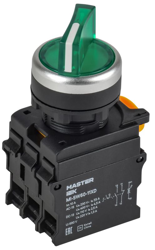 Переключатель 2 полож. 1НО+1НЗ с подсветкой зел. MASTER IEK MI-SW60-11XD-3-14-2-K06