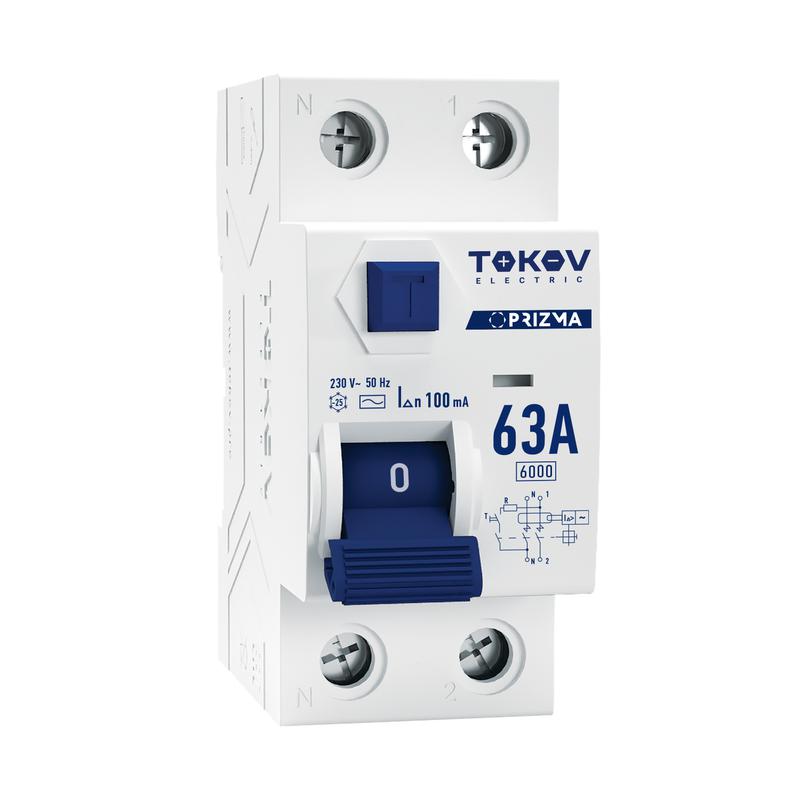 Выключатель дифференциального тока (УЗО) 2п (1P+N) 63А 100мА тип AC 6кА PRIZMA TOKOV ELECTRIC TKE-PZ60-RCDM-2-63-100-AC