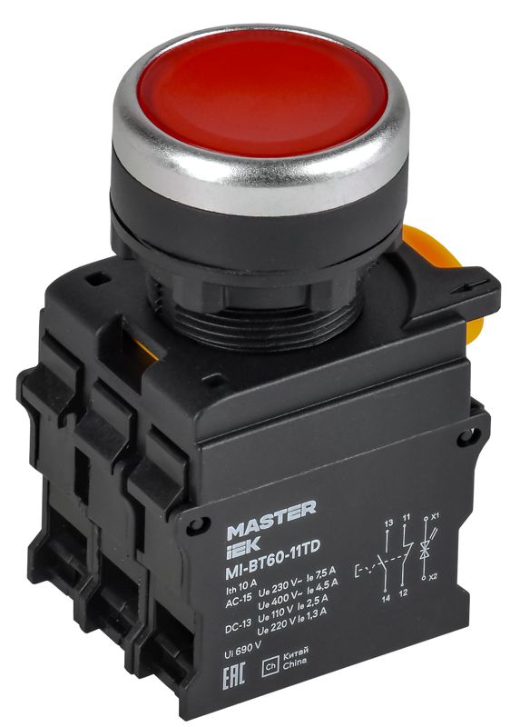 Кнопка d22мм 1НО+1НЗ MASTER с подсветкой и фиксацией красн. IEK MI-BT60-11TD-3-11-K04