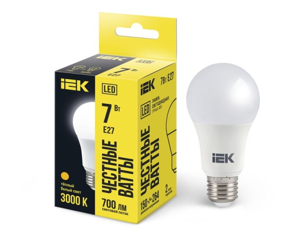 Лампа светодиодная A60 7Вт грушевидная 3000К тепл. бел. E27 630лм 230-240В IEK LLE-A60-7-230-30-E27