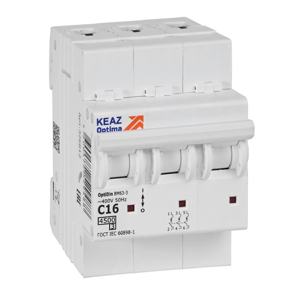 Выключатель автоматический модульный 3п C 16А OptiDin BM63-3C16-4.5-УХЛ3 КЭАЗ 326812
