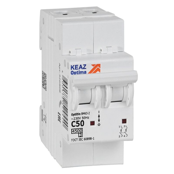 Выключатель автоматический модульный 2п C 50А 4.5кА OptiDin BM63-2C50-4.5-УХЛ3 КЭАЗ 326808