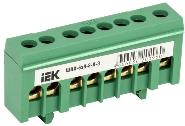 Шина PE "земля" в корп. изол. на DIN-рейку ШНИ-6х9-8-К-З зел. IEK YNN10-69-8KD-K06