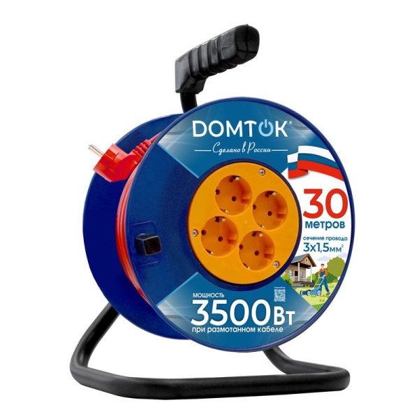 Удлинитель на катушке 4х30м с заземл. 16А IP20 3.5кВт ПВС 3х1.5 DOMTOK 2450
