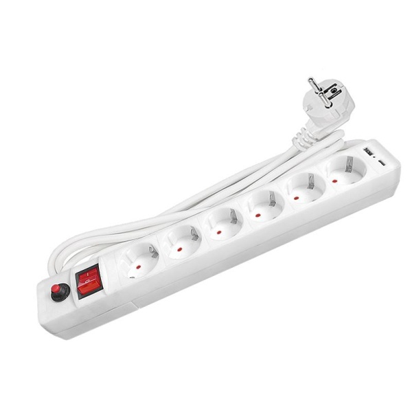 Удлинитель с сетевым фильтром 6х3м с заземл. 10А IP20 2.2кВт USB type-A + type-C ПВС 3х0.75 с выкл. бел. UNIVersal 2544