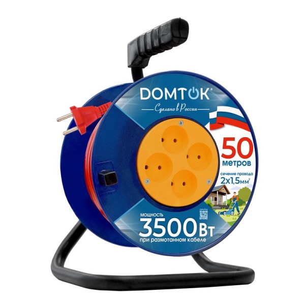 Удлинитель на катушке 4х50м без заземл. 16А IP20 3.5кВт ПВС 2х1.5 DOMTOK 2448