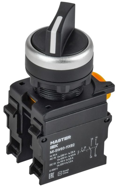Переключатель 2 полож. 1НО+1НЗ длин. ручка черн. MASTER IEK MI-SW60-11XB2-3-25-2-K02