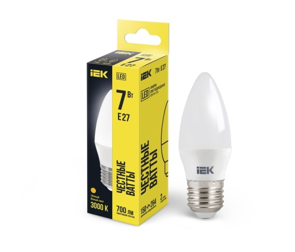 Лампа светодиодная C35 7Вт свеча 3000К E27 230В IEK LLE-C35-7-230-30-E27