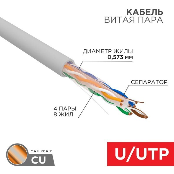 Кабель витая пара U/UTP кат.6 4х2х23AWG CU LSZH нг(А)-HF INDOOR SOLID сер. (305м) Rexant 01-0067