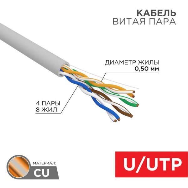 Кабель витая пара U/UTP кат.5E 4х2х24AWG CU LSZH нг(А)-HF INDOOR SOLID сер. (305м) Rexant 01-0069