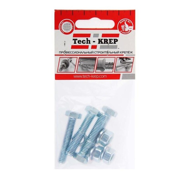 Болт с шестигранной головкой М8х30 DIN 933 класс прочн. 8.8 с гайкой и шайбой оцинк. (пакет) (уп.4шт) Tech-Krep/Zitar 112722