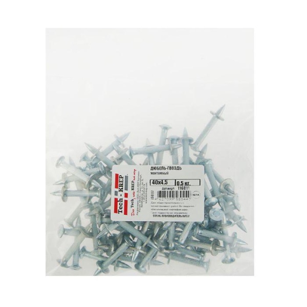 Дюбель-гвоздь монтажный 4.5х40 0.5кг (пакет) (уп.74шт) Tech-Krep/Zitar 116811
