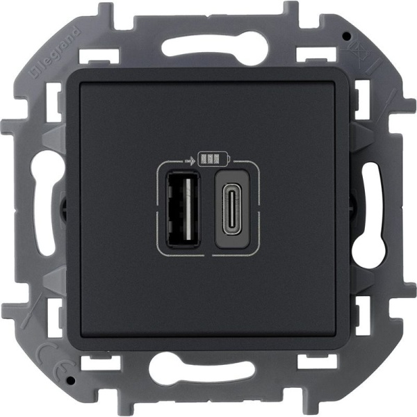 Устройство зарядное Inspiria с 2-мя USB разьемами A и C 240В/5В 3000мА антрацит IEK 673763