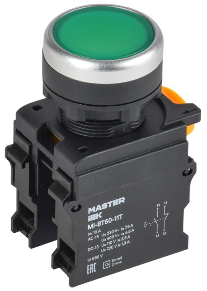 Кнопка d22мм 1НО+1НЗ MASTER с фиксацией зел. IEK MI-BT60-11T-3-21-K06